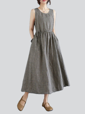Retro Plaid Sleeveless Cotton Linen Midi Dress for Women