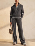 Women Stylish Contrast Trim Half Zip Top Wide Leg Pants Two Piece Tracksuit