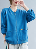 Retro Long Sleeve Zip Pockets Solid Color Jacket for Women