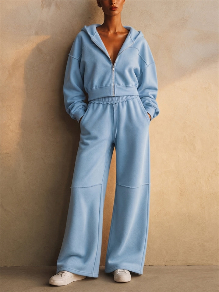 Women Exposed Seams Cropped Zip Hoodie and Wide Leg Pants Lounge Set