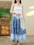Women's White Sequin Fringe Strap Top & Print Asymmetric Skirt Set