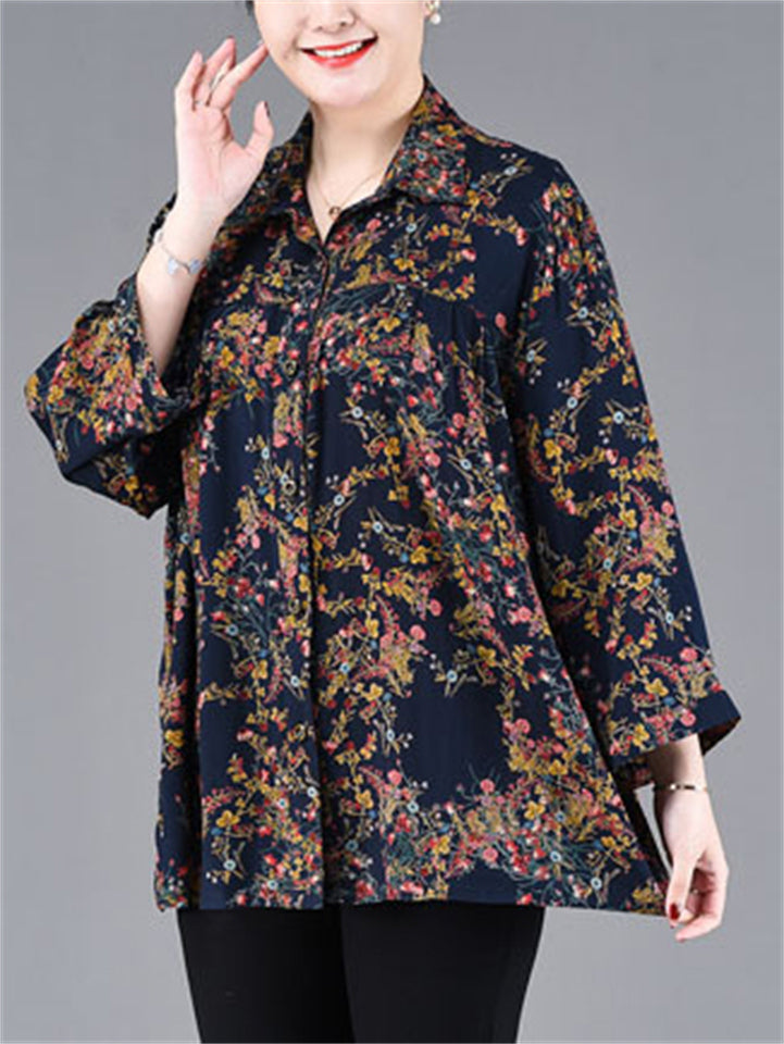 Women's Plus Size Summer Floral Print Lapel  3/4 Sleeve Shirt