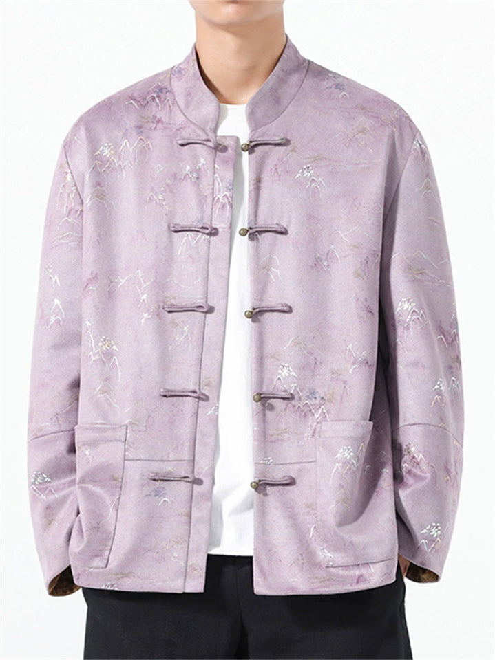 Men's Purple Chinese Style Lanscape Print Faux Suede Tangsuit Jackets