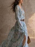 Women ELegant Blue Floral Boho V Neck Long Sleeve Flowy Maxi Dress