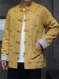 Men's Chinese Style Faux Suede Stand Collar Loose Fit Jacket with Leaf Print
