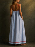 Women's Striped Maxi Sundress with Red Trim Pockets