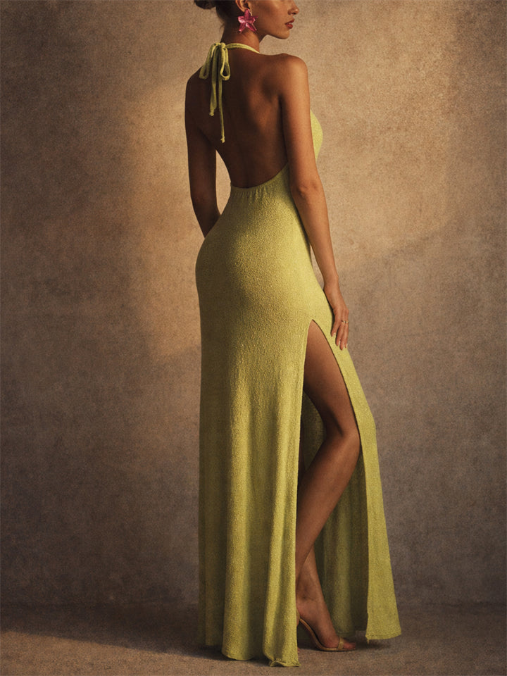 Women's Summer 3D Rose Flower High Slit Halter Knit Maxi Dress