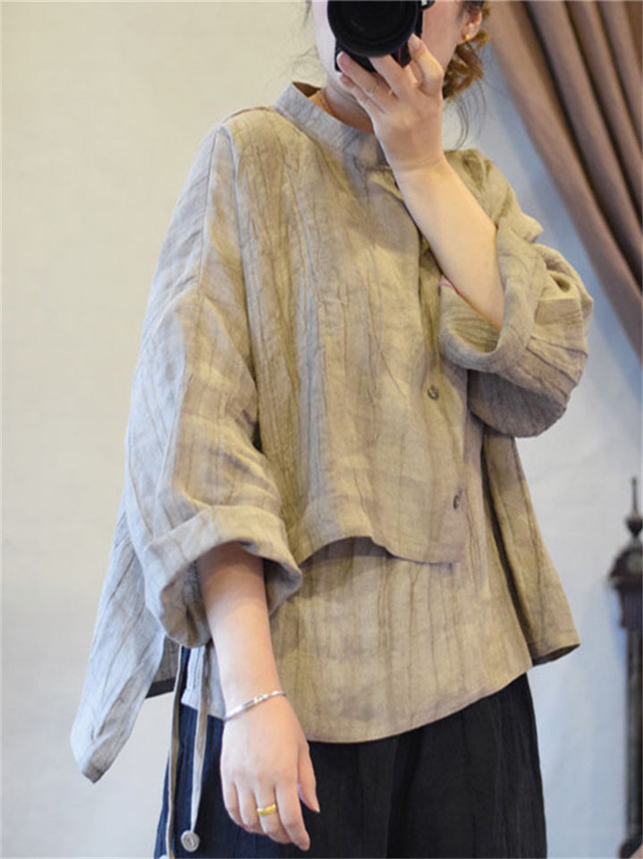 Retro Loose Linen Stand Collar Asymmetric Textured Shirt for Women