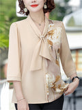 Elegant Flower Print Tie-Neck 3/4 Sleeve Top for Women