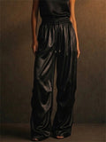 Womens Metallic Drawstring High Waist Wide Leg Shiny Party Pants