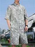 Men's Summer Chinese Zen Style Stand Collar Short Sleeve Suit Set with Leaves Print