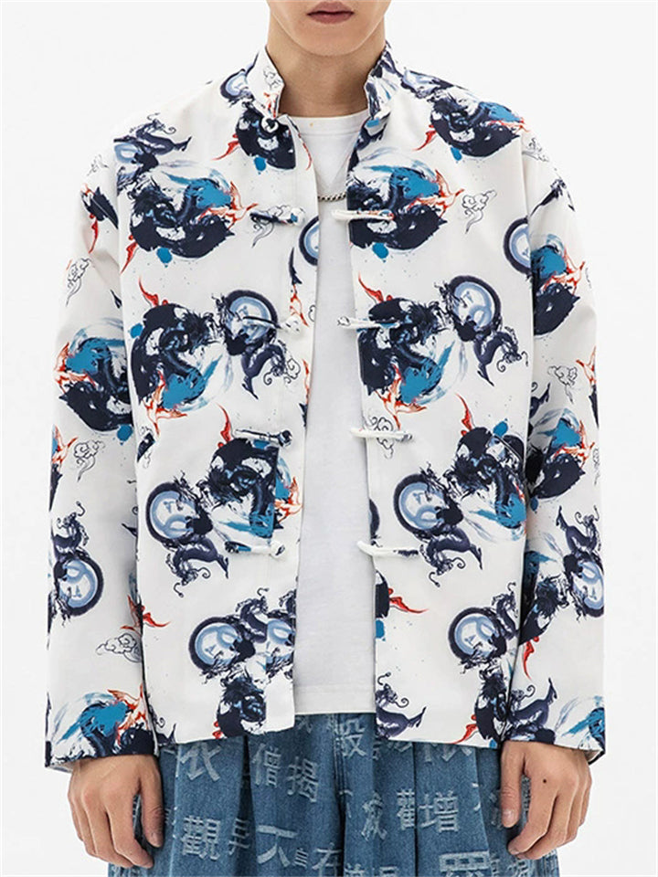 Men's Autumn Cartoon Loong Print Stand Collar Tangsuit Cardigan Jackets