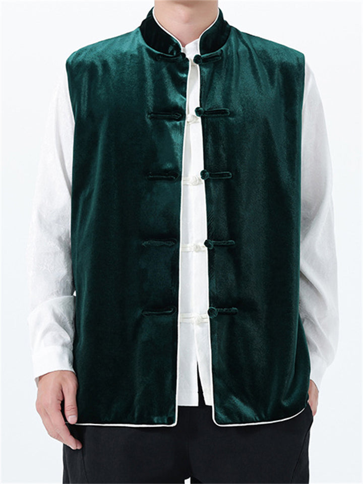 Men's Autumn Velvet Contrast Trim Sleeveless Frog Button Vest Jackets