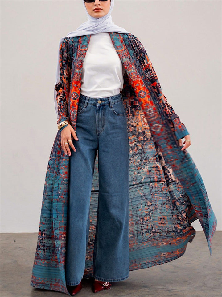 Women's Print Pleated Long Sleeve Cardigan Coat
