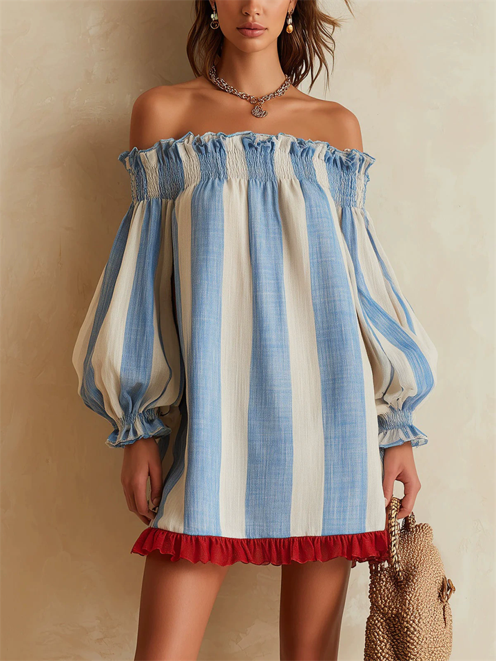 Women Blue Striped Off Shoulder Lantern Sleeve Ruffle Dress