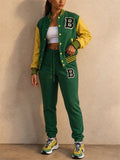 Women Varsity Jacket Set Color Block Letter Patch 2 Piece Outfit