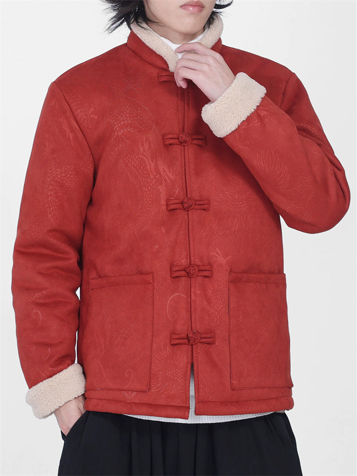 ‌Men's Chinese Vintage Style Suede Loong Printed Thermal Lined Coats