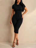 Womens Slim Fit Striped Two Piece Set Short Sleeve Top Capri Pants