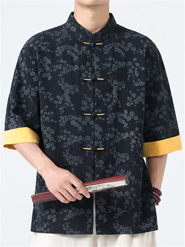 Men's Casual Chinese Style Print Contrast Color TangSuit Shirt