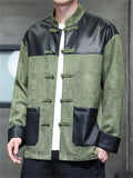 Men's Chinese Style PU Leather Suede Patchwork Tangsuit Jacket with Calligraphy Print