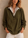Women Olive Green Patchwork Textured Button Down Long Sleeve Shirt