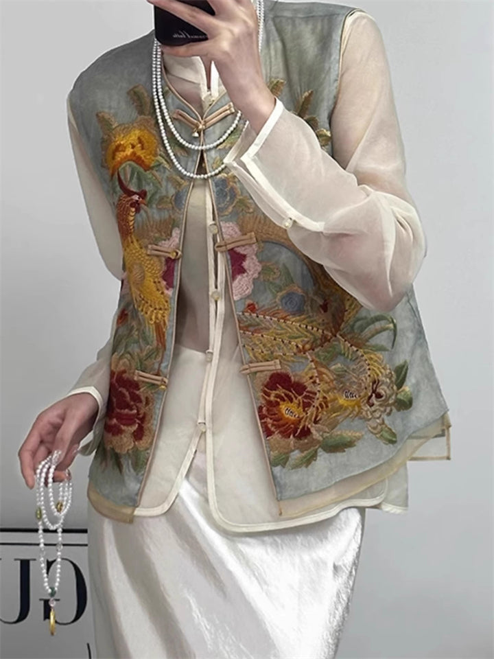 Women's Trendy Phoenix and Peony Embroidered Sleeveless Summer Vest