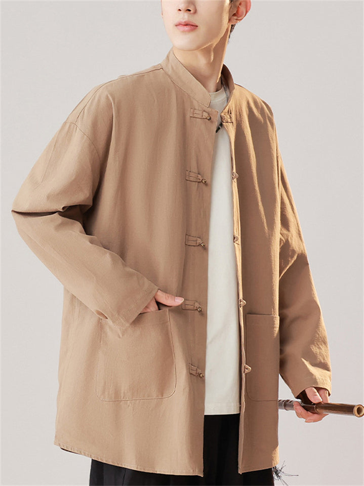 Chinese Style Cotton Metal Frog Button Stand Collar Shirt For Men