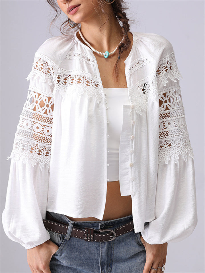 Women's French Style Hollow Lace Cardigan Puff Sleeve Shirt