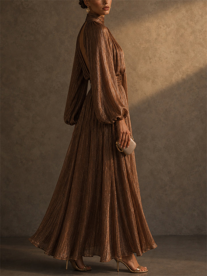 Women Metallic Pleated Tie Neck Lantern Sleeve Maxi Dress