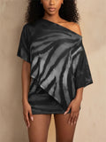 Womens Sexy Print Off Shoulder Poncho Top and Skirt Set