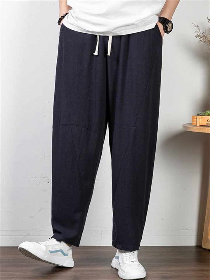 Men's Plus Size Summer Retro Solid Color Drawstring Pants