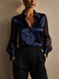 Women Satin Blouse Sheer Striped Mesh Sleeve Top