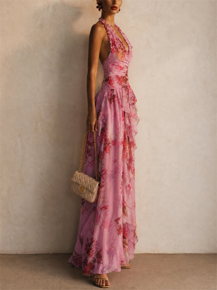 Women Floral Halter Backless Ruffle Gown Maxi Dress