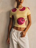 Women Yellow Cherry Print Y2K Short Sleeve Slim Crop Top
