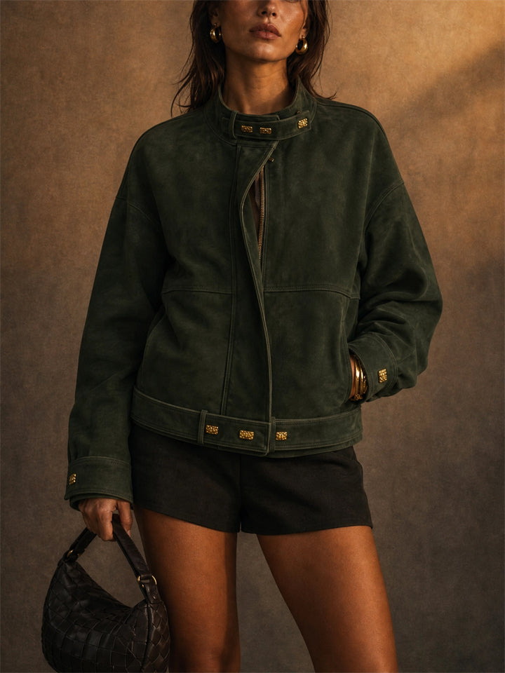 Women Dark Green Faux Suede Jacket Gold Buttons Moto Bomber Coat