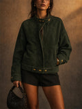 Women Dark Green Faux Suede Jacket Gold Buttons Moto Bomber Coat