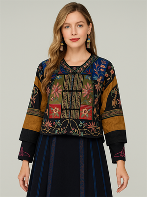 Women's Ethnic Style Patchwork Flowers Embroidered Frog Button Jacket