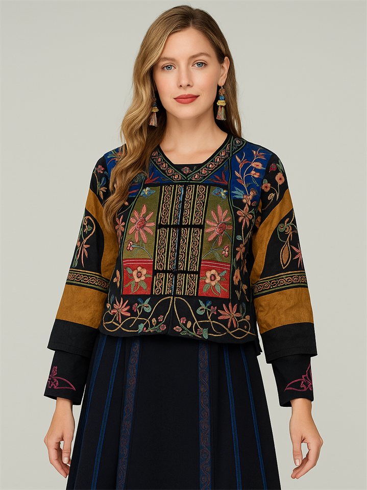 Women's Ethnic Style Patchwork Flowers Embroidered Frog Button Jacket