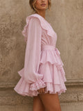 Women's Stylish Lantern Sleeve Ruffle Tiered  Cocktail Mini Dress