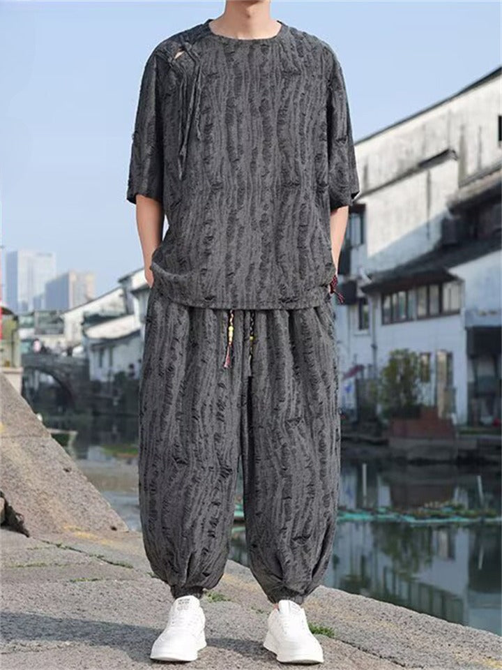 Men's Chinese Style Distressed Texture Pattern Loose Short Sleeve Pants Set