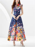 Women's Sleeveless Lapel Collar Floral Maxi Dress for Summer
