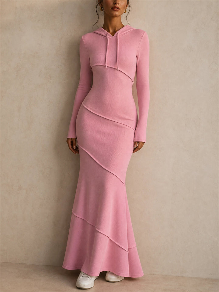 Women Pink Ribbed Hooded Long Sleeve Bodycon Maxi Dress