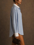 Women Blue Striped Oversized Button Down Contrast Shirts