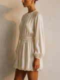 Women Puff Sleeve Bubble Hem Belted Party Mini Dress