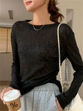 Women's Loose Comfy Hollow Solid Color Round Neck Long Sleeve Shirts