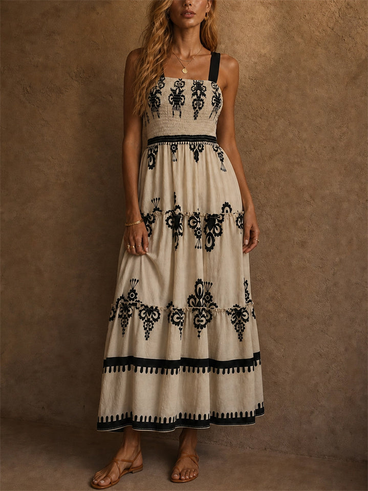 Womens Holiday Style Boho Print Smocked Tiered Summer Maxi Dress
