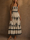 Womens Holiday Style Boho Print Smocked Tiered Summer Maxi Dress