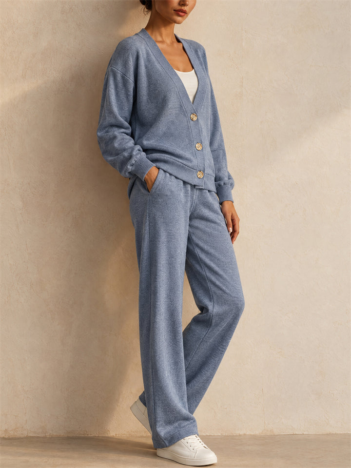 Women Button Up Knit Cardigan and Wide Leg Pants Two Piece Lounge Set