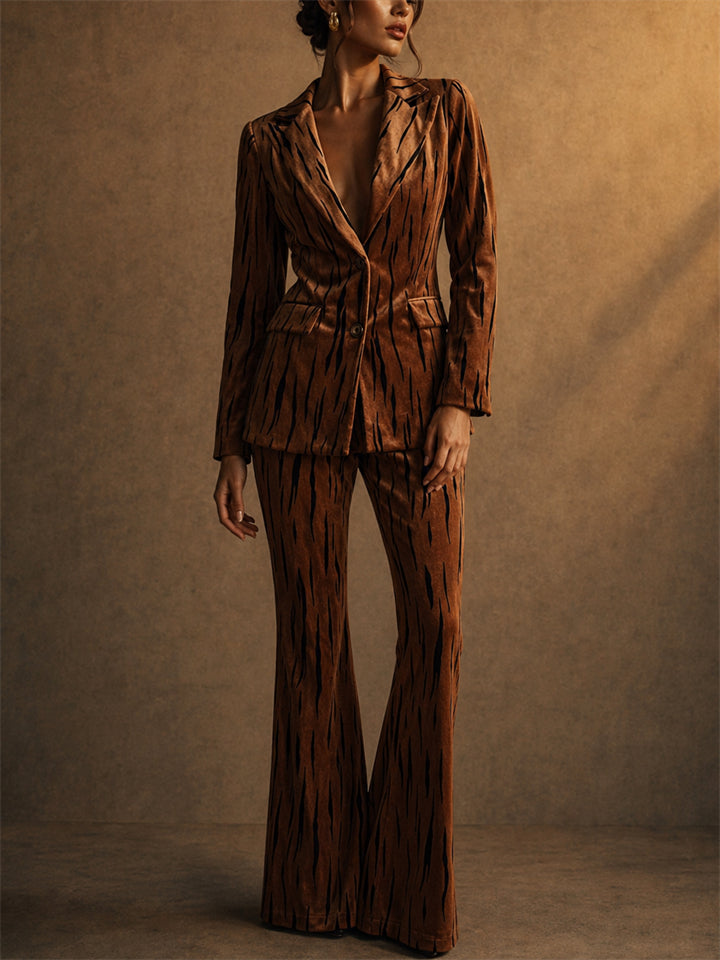 Women's Velvet Tiger Print 2 Piece Blazer and Flare Pant Set