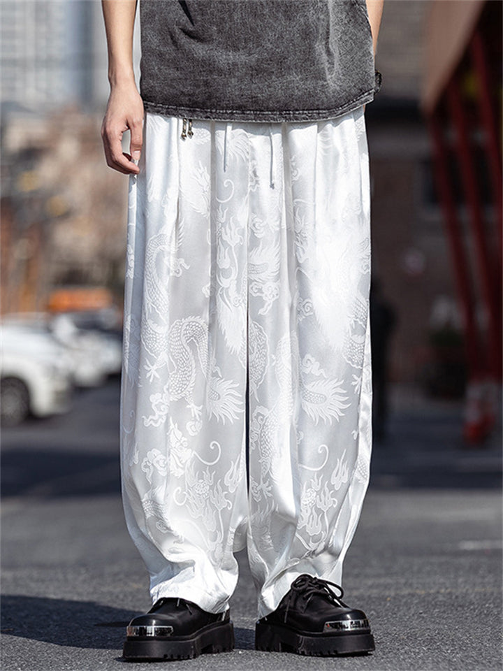 Men's Solid Color Loong Print Cool Drape Wide Leg Harem Pants